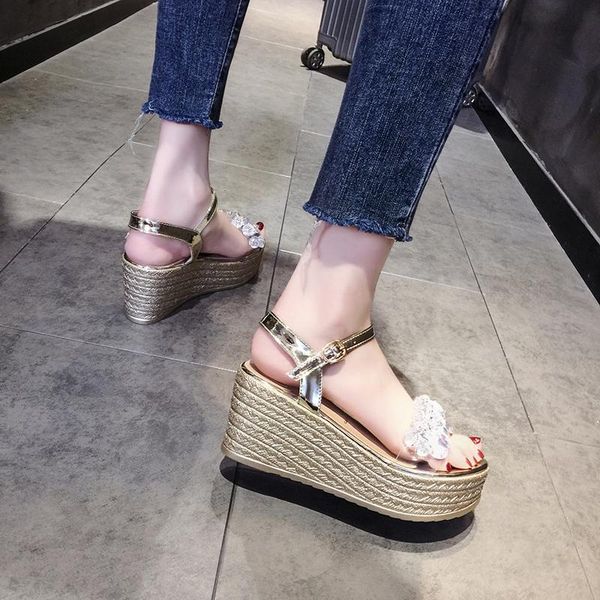 

sandals summer style simple word buckle fashion slope with exquisite crystal elegant ladies large size 36-41., Black