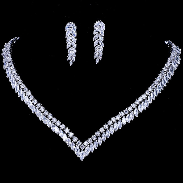 

earrings & necklace luxury shinny cut cubic zircon clear jewelry sets for brides women fashion white wedding dress, Silver