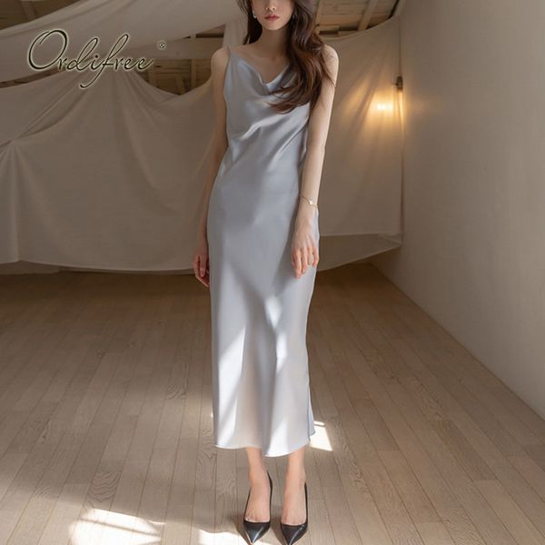 Summer Women Sexy Party Spaghetti Strap Slim Backless Grey Long Satin Slip Dress 210415