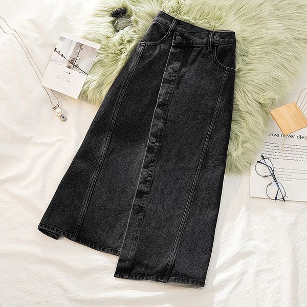 

skirts women's casual front button high waist a-line jean womens jupe femme faldas mujer moda long denim plus size 4xl 3w29, Black