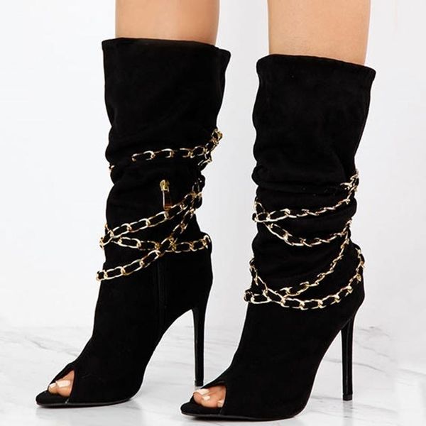 

boots fashion peep toe gold chain ornament mid calf women half side zip summer autumn winter big size 43, Black