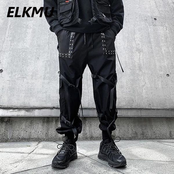 

black cargo pants men hip hop streetwear joggers sweatpants fashion trousers pocket ribbon harajuku harem male he981 men's