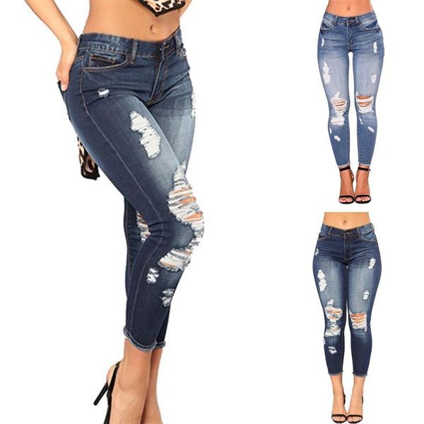 

women's jeans stretchy demin high waisted pants ripped slim skinny fit trousers, Blue