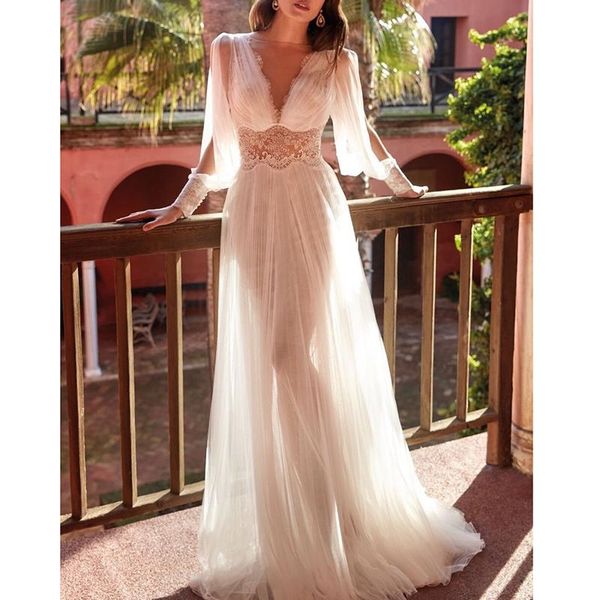 

casual dresses 2021 summer elegant women maxi party dress vintage transparent mesh long sleeve white lace tunic, Black;gray