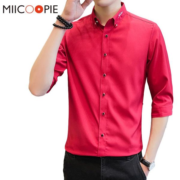 

british style 3/4 sleeve slim shirts men dress arrival solid color male fashion korean shirt business camisa social men's casual, White;black