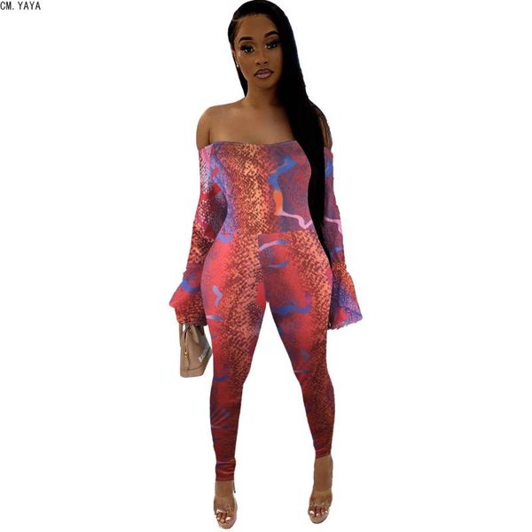 

women's jumpsuits & rompers cm.yaya autumn women winter slash neck full sleeve snake skin print nightclub bandage skinny lyk78019, Black;white