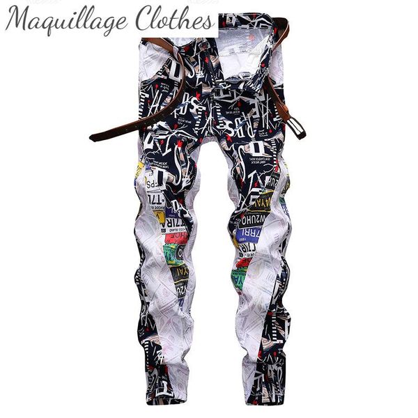 

men's fashion printed jeans pants punk style stretch denim trousers male hip hop night club wear, Blue