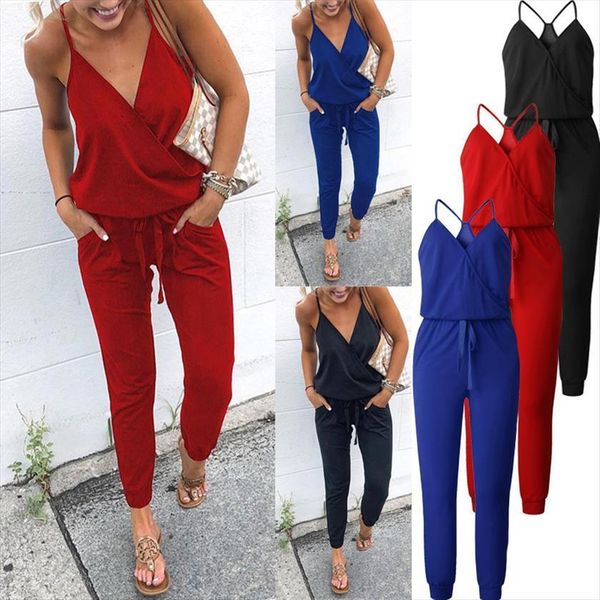 

arrival spaghetti cross strap womens jumpsuit lace up summer v neck solid casual sleeveless pockets long romper female, Black;white