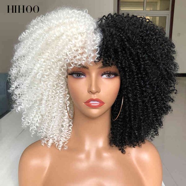 

short hair afro kinky curly wigs with bangs for black women cosplay lolita synthetic natural blonde white red pink blue, Black;brown