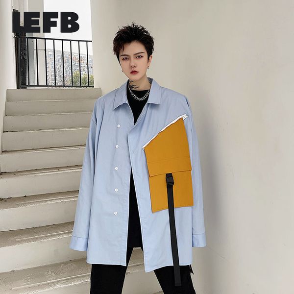

iefb long sleeve korean streetwear fashion men's shirt handsome loose fashion blue contrast color patchwork clothing 9y6639 210524, White;black