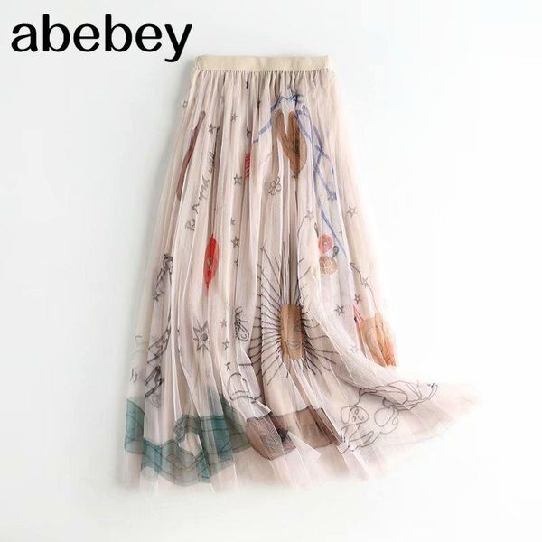 

skirts women mesh tulle elastic high waist graffiti print long female a-line pleated saias femme maxi, Black
