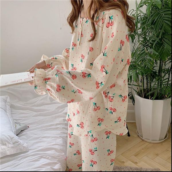 

big cherry print home clothes women sleepwear pajamas set long sleeve shirt pyjamas pants loose nightgowns y105, Black;red