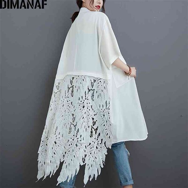 

summer blouse shirts women clothing lace floral spliced solid elegant lady tunic casual loose long button cardigan 210531, White