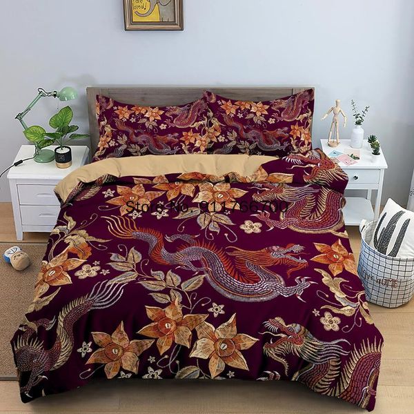 

bedding sets chinese dragon and flowers soft duvet cover full  king size comforter with pillowcases 2/3 pcs
