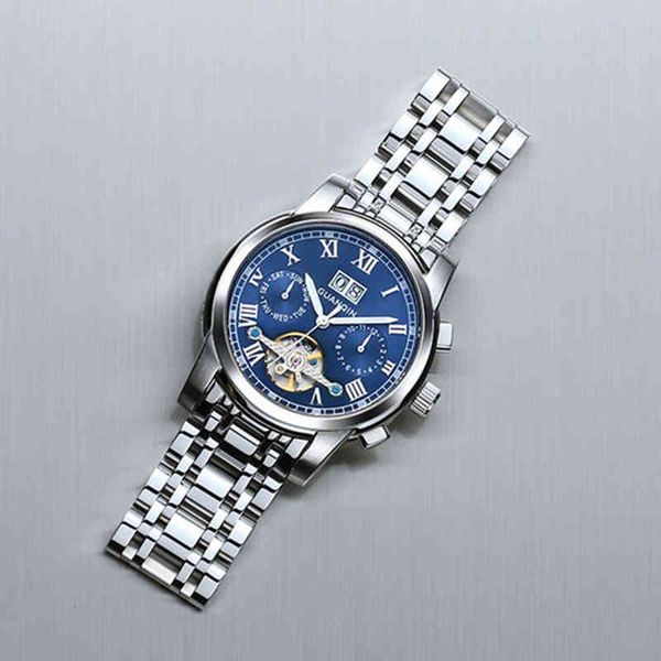 

guanqin 2021new men's accessories waterproof bracelet with tourbillon mechanism, mechanical automatic watch, relogio masculino, Slivery;brown