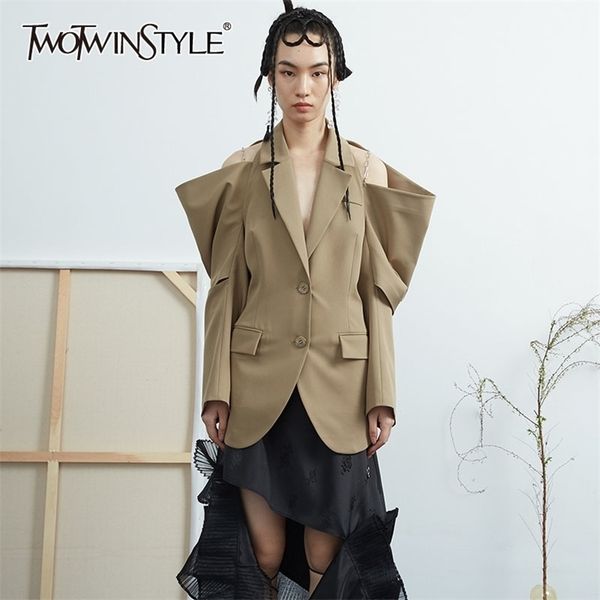 

twotwinstyle hollow out casual blazer for women notched long sleeve vintage solid blazers female fashion clothing spring 211122, White;black