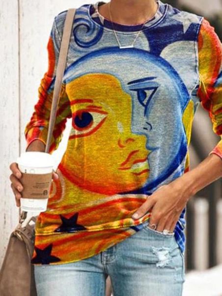 

casual dresses print round neck loose women's long sve t-shirt, Black;gray