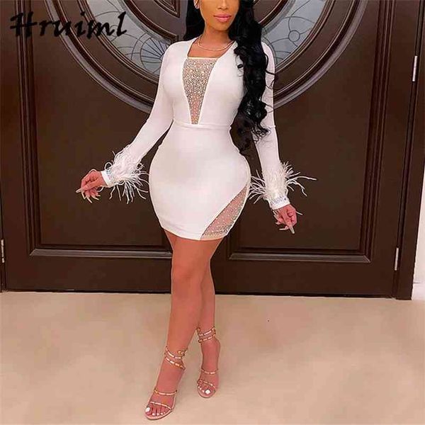 

party dress plus size skinny long sleeve fashion women mesh drilling stitching feather decoration woman 210513, Black;gray