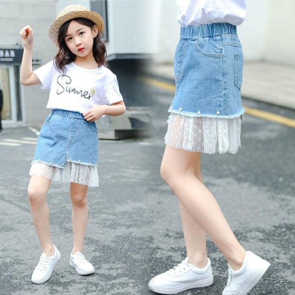 

girls denim skirts design bead lace princess skirt for 4-12years jeans baby girl clothes children clothing jupe, Blue