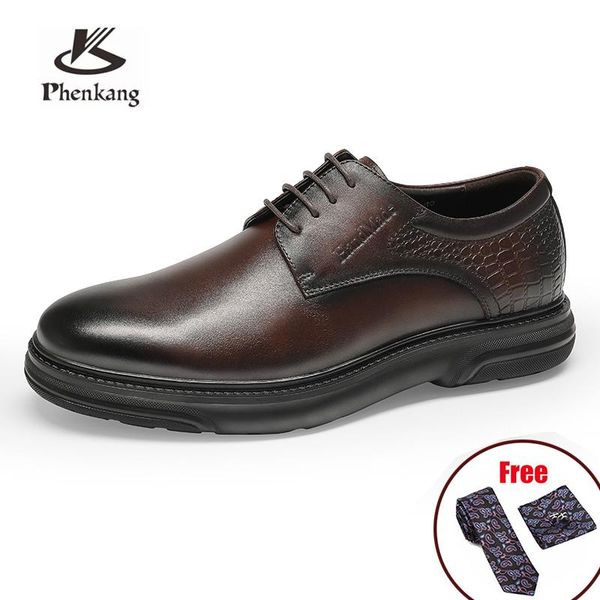 

phenkang men genuine wingtip leather oxford pointed toe laces up oxfords dress brogues wedding business platform shoes 2021, Black
