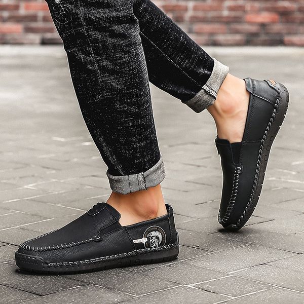 

new comfortable genuine leather shoes men casual loafers mens shoe quality flats moccasins with box, Black