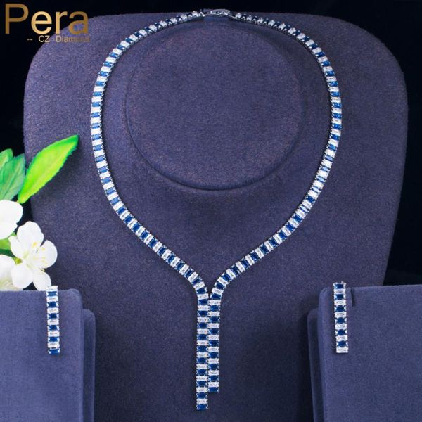 

earrings & necklace pera brand design royal blue crystal silver color long pendant baguette cz for women costume jewelry sets j433