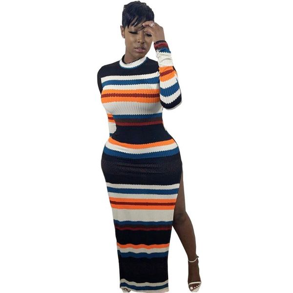 

casual dresses striped dress 2021 women long sleeve o-neck side split fall autumn bodycon maxi, Black;gray