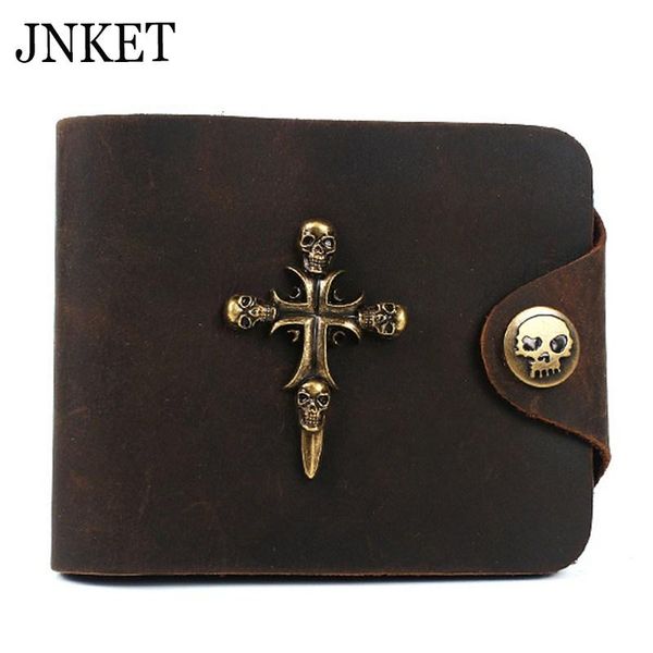 

wallets jnket punk crucifix skull wallet retro cow leather men's short billfold folding clutch, Red;black