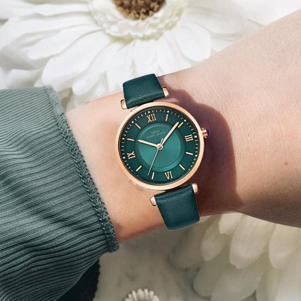 

wristwatches ibso brand women watches 2021 green genuine leather strap re, Slivery;brown