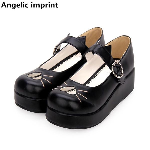 

dress shoes angelic imprint woman mori girl lolita cosplay lady mid wedges heels pumps women princess party lovely hearts, Black