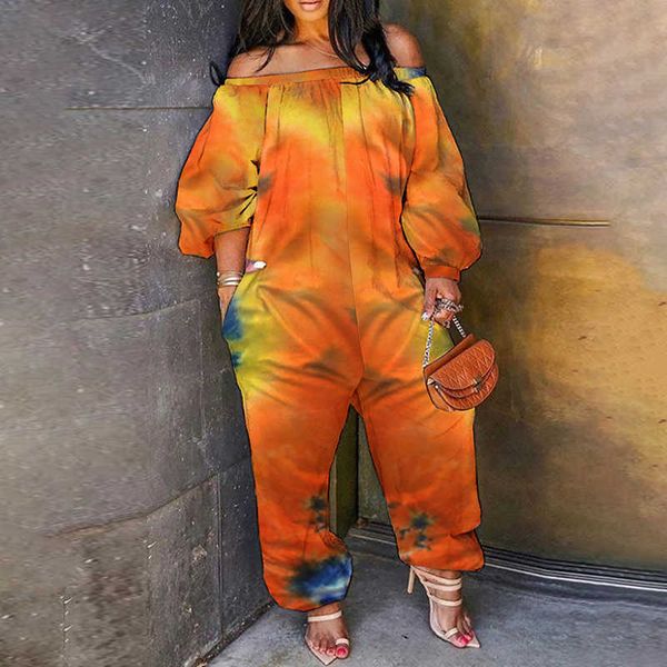 

women fashion loose fit long sleeve partywear jumpsuits oversize 3xl/2xl plus size tie dye print off shoulder jumpsuit 210716, Black;white