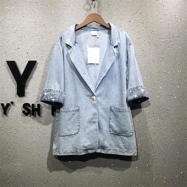 

women's jackets 2021 autumn rhinestone slimmed fashion five-point sleeve small suit lapel denim short jacket female vintage jeans coat, Black;brown