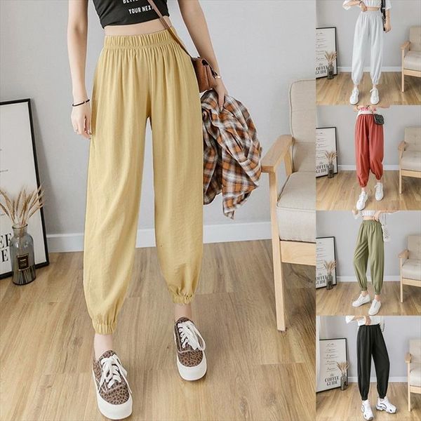 

casual style cotton linen pants women leggings spring summer elastic waist solid basic retro womens harem trousers, Black