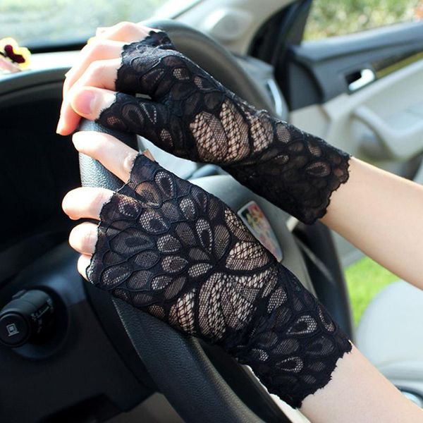 

five fingers gloves women summer lace sun protection half-finger hollow jacquard floral uv dance party driving mittens, Blue;gray