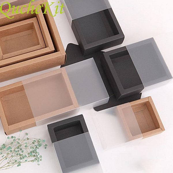

gift wrap 10pcs kraft paper packing box with transparent pvc window black delicate drawer display wedding cookie candy cake boxes