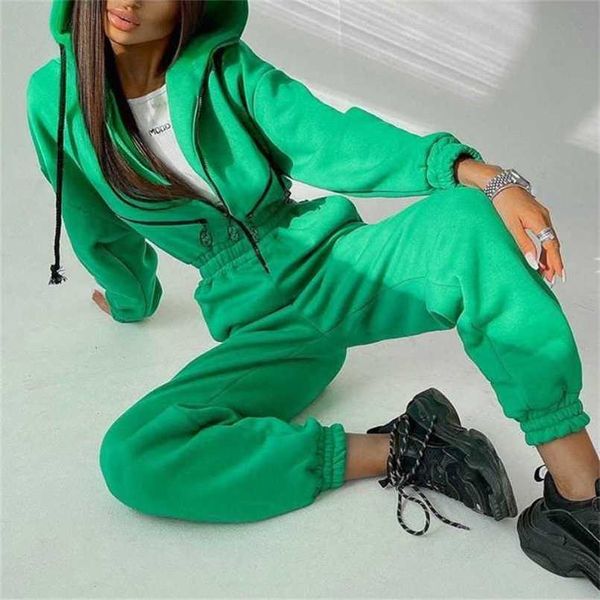 

women basic hoodie two piece sets drawstring jacket outerwear zipper elastic pencil pant suit autumn winter casual tracksuit 211022, White