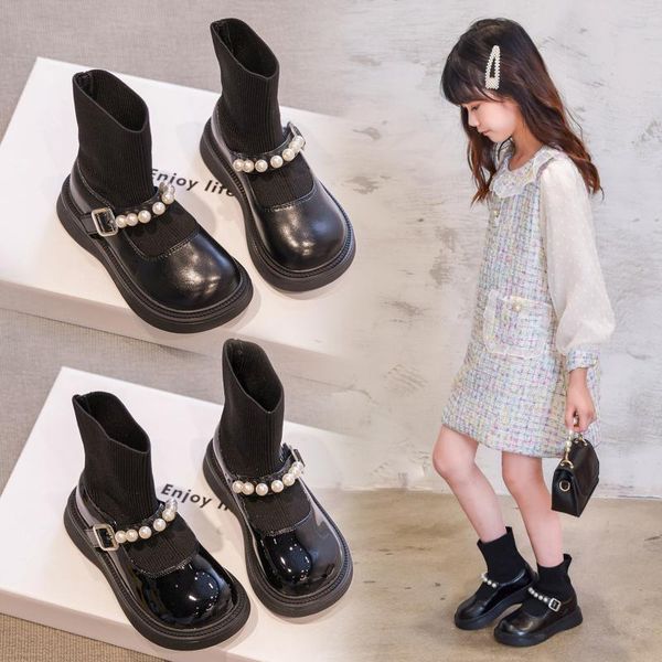 

flat shoes girls' leather short boots children' small black 2021 spring style princess high-socks single, Black;grey