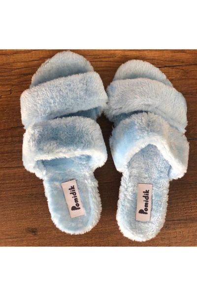

slippers female bebe blue plush shaggy double banded home slipper, Black