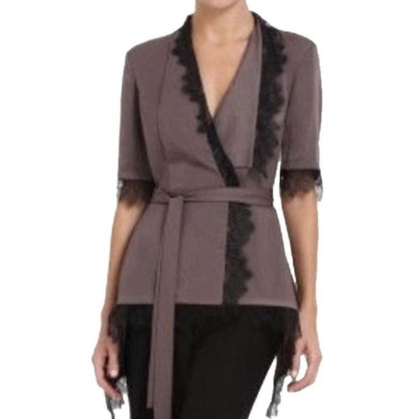 

women's blouses & shirts elegance mulberry mist lacy layers belted wrap blouse fold slanting lapel satin asymmetric shirt delicate lace, White
