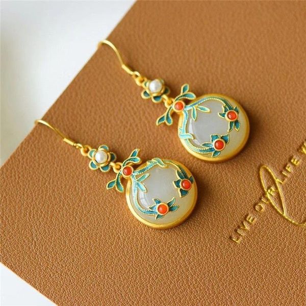 

dangle & chandelier natural hetian jade safe buckle 925 silver enamel auspicious cloud ethnic style retro bohemian female earrings