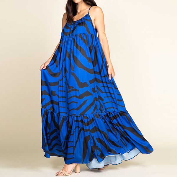 

women casual long dress summer printed spaghetti strap sleeveless maxi dresses fashion pocket loose dress robe vestidos 210521, Black;gray
