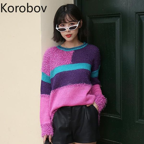 

women's sweaters korobov korean fashion lurex women harajuku hit color patchwork sueter mujer long sleeve o neck knitted jumper 78258, White;black
