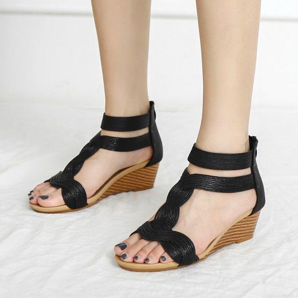 

sandals sarairis fashion summer zipper wedges solid med women gladiator cover heel concise shoes, Black
