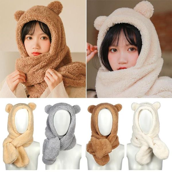 

hats, scarves & gloves sets fashion winter women beanies caps warm cute bear ear hat casual plush scarf set earflap earmuff cold-proof, Blue;gray