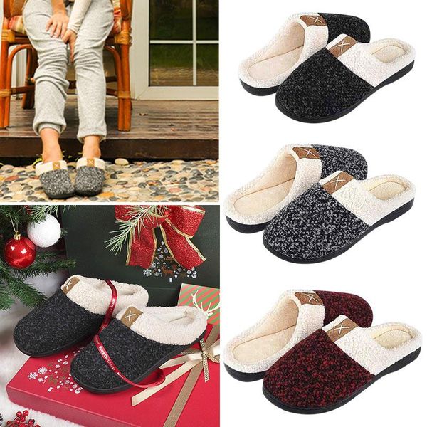 

slippers women men memory foam plush lined anti-skid rubber sole house shoes, Black