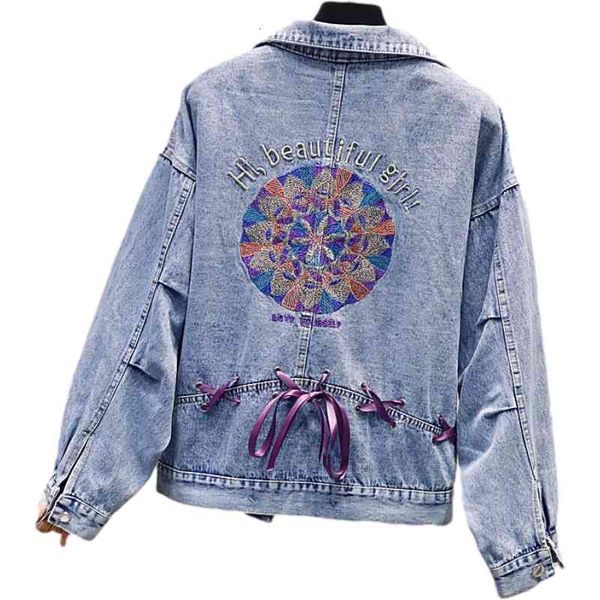 

women's jackets spring autumn women jeans jacket hole streetwear single-breasted embroidery sequins short denim coat female loose, Black;brown