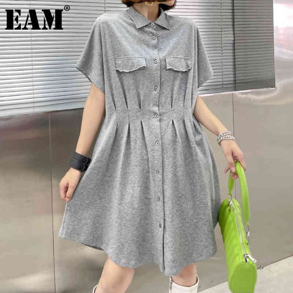 

[eam] women black big size casual pockets pleated dress lapel short sleeve loose fit fashion spring summer 1dd7984 21512, Black;gray