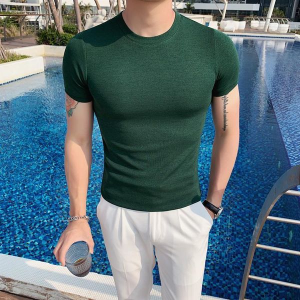 

men's t-shirts korean summer slim fit men clothing casual short sleeve simple solid round collar streetwear tee shirt homme all match, White;black