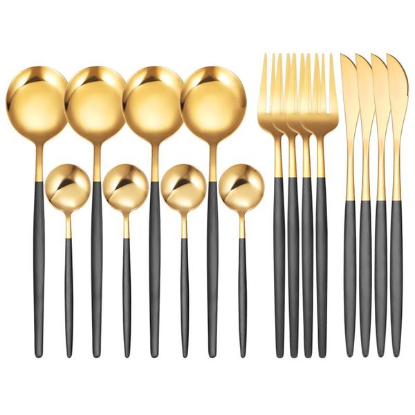 

dinnerware sets 16pcs black gold flatware cutlery set stainless steel dessert fork tea spoon knife silverware kitchen tableware gift