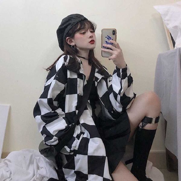 

summer korean ulzzang casual fashion punk vintage large size hip-hop plaid long sleeve harajuku streetwear loose hooded jacket 210608, Black;brown